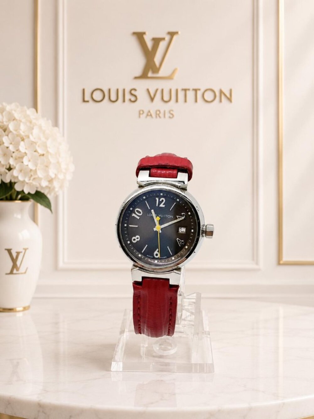 Authentic Louis Vuitton Tambour Black Dial Red Leather Strap Swiss Quartz